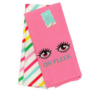 Kitchen Dish Towels 2 Piece Gift Set Pink "On Fleek" Multicolored Stripes New